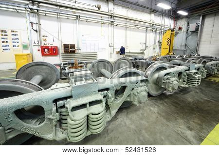 TVER - JUN 05: Trolley wheel sets in the assembly shop of the Tver Carriage Works, on June 05, 2013 in Tver, Russia.