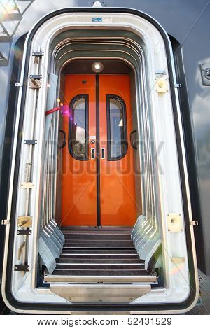 TVER - JUN 05: Exit into vestibule in the passenger car, on June 05, 2013 in Tver, Russia.