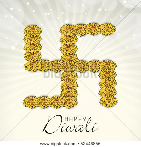 Indian festival Happy Diwali concept with swastik symbol made by flowers on rays background. 