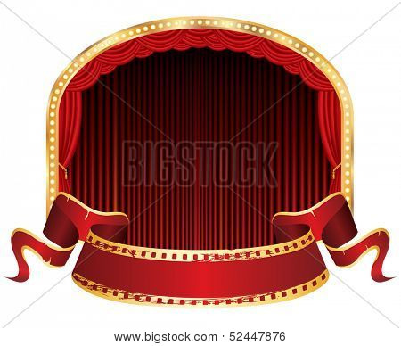 vector perforated red blank banner on ellipse stage with red curtain