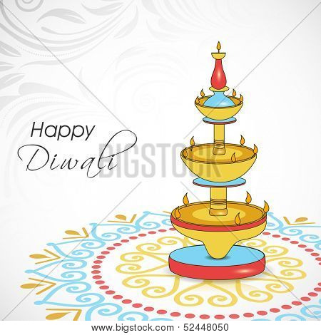 Indian festival of lights, Shubh Dipawali (Happy Dipawali) greeting card with colorful traditional oil lit lamps on shiny background. 