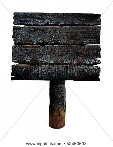 Charred wooden signboard. Old sign isolated on white.