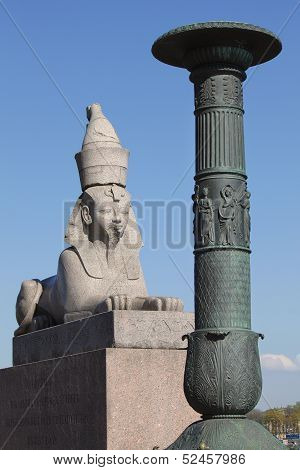 The Ancient Egyptian Sphinx and bronze vase in St. Petersburg, Russia.