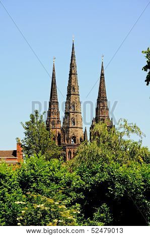 Three spires of Cathedral, Lichfield, England.