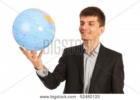 Happy Executive Man Holding World Globe