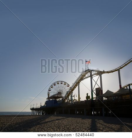 Santa Monica pier Ferris Wheel at sunset in California USA