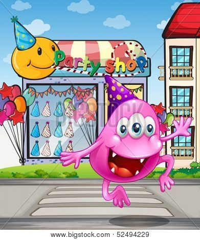 Illustration of a happy beanie monster jumping in front of the party shop