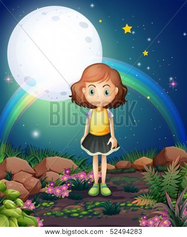 Illustration of a girl standing outdoor under the bright fullmoon