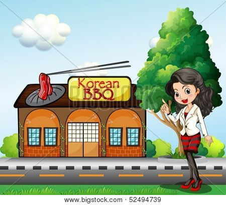 Illustration of a girl in front of the Korean BBQ store