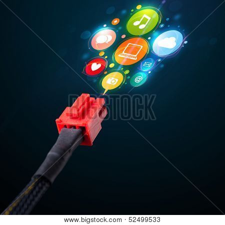 Glowing social media icons coming out of electric cable