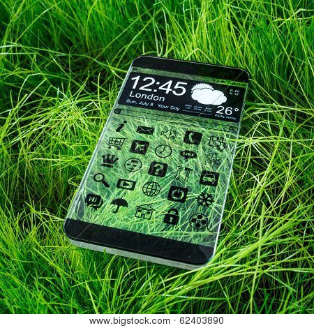 Futuristic Smart phone (phablet) with a transparent display on blue sky background. Concept actual future innovative ideas and best technologies humanity.