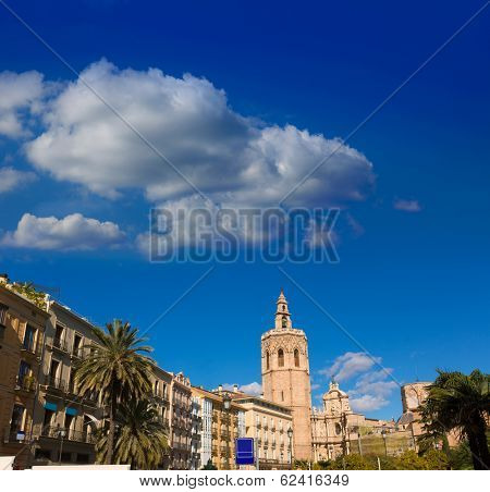 Valencia Plaza de la Reina square with Cathedral and Miguelete at Spain