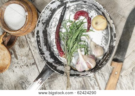 Old Pan With Vegetabeles On Wooden Tables