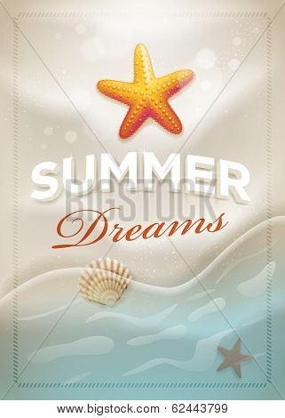 Summer message on beach sand. Vector summer concept design template. Elements are layered separately in vector file. Easy editable.