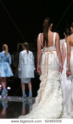 ZAGREB, CROATIA - MARCH 27: Fashion model wearing clothes designed by Mihano Momosa on the 'Fashion.hr' show on March 27, 2014 in Zagreb, Croatia