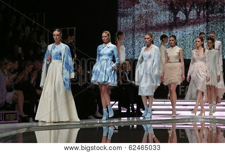 ZAGREB, CROATIA - MARCH 27: Fashion model wearing clothes designed by Mihano Momosa on the 'Fashion.hr' show on March 27, 2014 in Zagreb, Croatia
