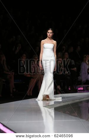 ZAGREB, CROATIA - MARCH 27: Fashion model wearing clothes designed by Mihano Momosa on the 'Fashion.hr' show on March 27, 2014 in Zagreb, Croatia