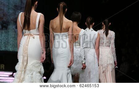 ZAGREB, CROATIA - MARCH 27: Fashion model wearing clothes designed by Mihano Momosa on the 'Fashion.hr' show on March 27, 2014 in Zagreb, Croatia