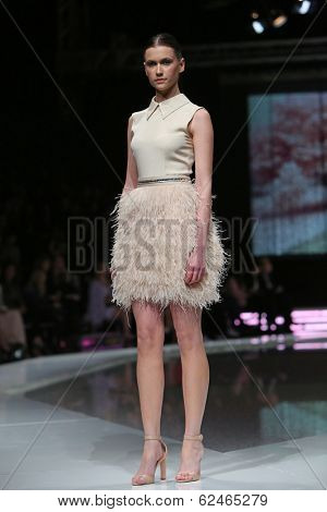ZAGREB, CROATIA - MARCH 27: Fashion model wearing clothes designed by Mihano Momosa on the 'Fashion.hr' show on March 27, 2014 in Zagreb, Croatia