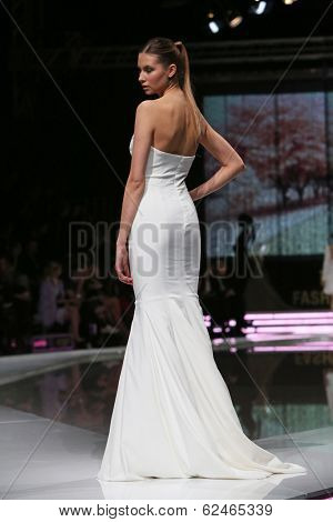 ZAGREB, CROATIA - MARCH 27: Fashion model wearing clothes designed by Mihano Momosa on the 'Fashion.hr' show on March 27, 2014 in Zagreb, Croatia