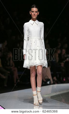 ZAGREB, CROATIA - MARCH 27: Fashion model wearing clothes designed by Mihano Momosa on the 'Fashion.hr' show on March 27, 2014 in Zagreb, Croatia