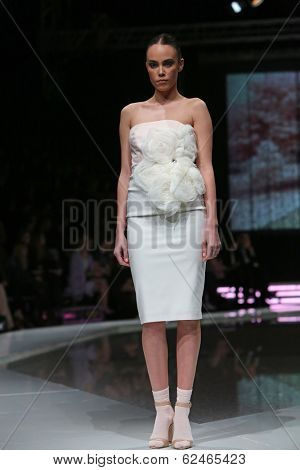 ZAGREB, CROATIA - MARCH 27: Fashion model wearing clothes designed by Mihano Momosa on the 'Fashion.hr' show on March 27, 2014 in Zagreb, Croatia
