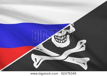 Series Of Ruffled Flags. Russian And Jolly Roger Pirate Flag.