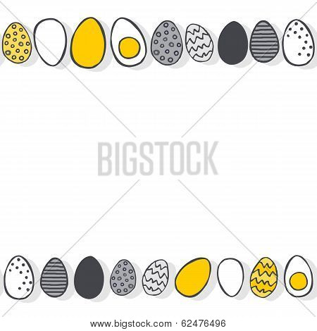 Hand painted eggs in rows yellow gray Easter border illustration on white