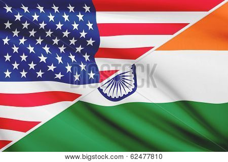 Series Of Ruffled Flags. Usa And India.