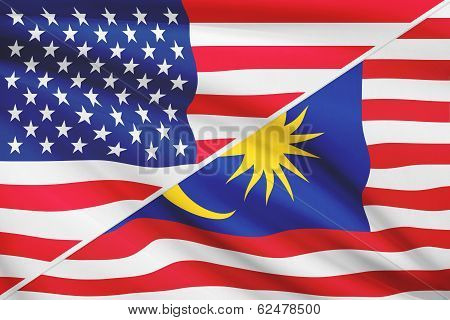Series Of Ruffled Flags. Usa And Malaysia.