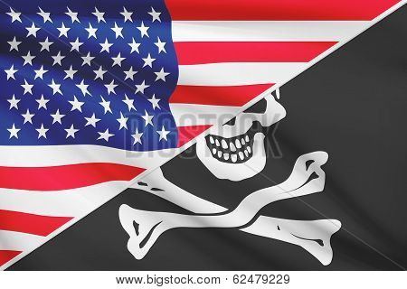 Series Of Ruffled Flags. Usa And Jolly Roger Pirate Flag.