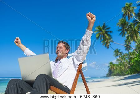 Businessman Working On Laptop at Beach