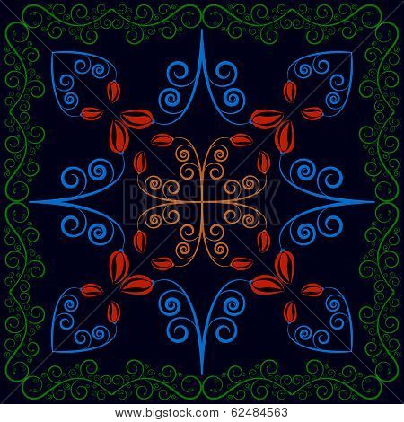 carpet with colored flowers and leaves on dark green background