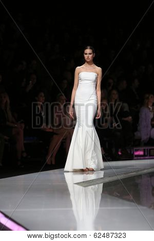 ZAGREB, CROATIA - MARCH 27: Fashion model wearing clothes designed by Mihano Momosa on the 'Fashion.hr' show on March 27, 2014 in Zagreb, Croatia