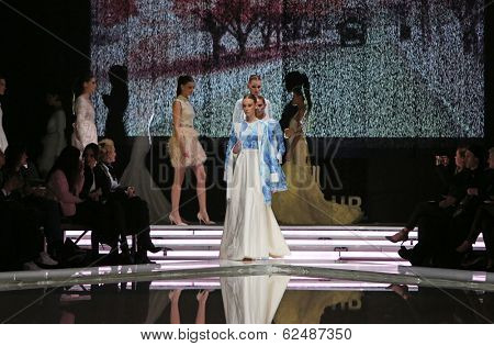 ZAGREB, CROATIA - MARCH 27: Fashion model wearing clothes designed by Mihano Momosa on the 'Fashion.hr' show on March 27, 2014 in Zagreb, Croatia