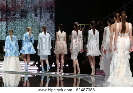 ZAGREB, CROATIA - MARCH 27: Fashion model wearing clothes designed by Mihano Momosa on the 'Fashion.hr' show on March 27, 2014 in Zagreb, Croatia