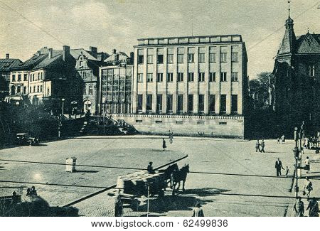 BIELSKO, POLAND - NOVEMBER 21, 1944: Vintage photo of Adolf Hitler platz (during nazi occupation, now  Plac Boles?awa Chrobrego).