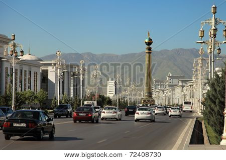 Ashgabat, Turkmenistan - Circa June 2013: Vew On The Wide Modern Boulevard Turkmenbashi With Beautif