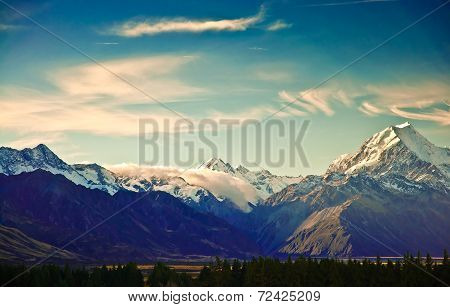 New Zealand scenic mountain landscape shot at Mount Cook National Park.