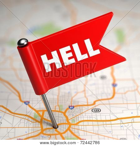 Hell - Small Flag on a Map Background.