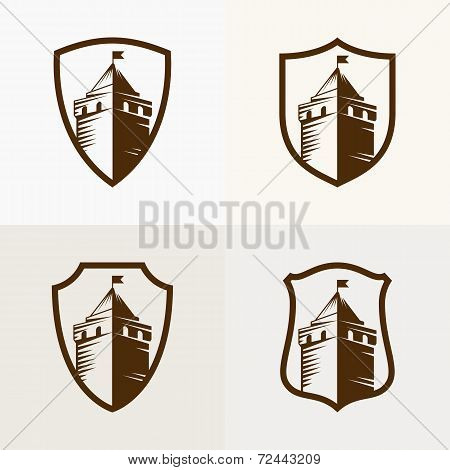 Castle Fortress On Shield, Vector Icon Illustration