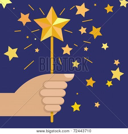 Hand Holding Magic Wand With Star, Vector Illustration