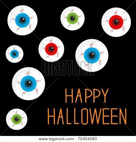 Eyeball Set With Bloody Streaks. Black Background. Happy Halloween Card. Flat Design Style.