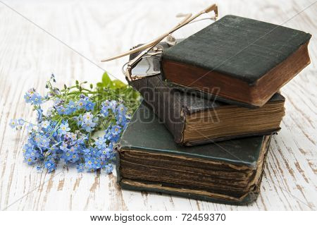 Forget-me-nots Flowers And Old Books