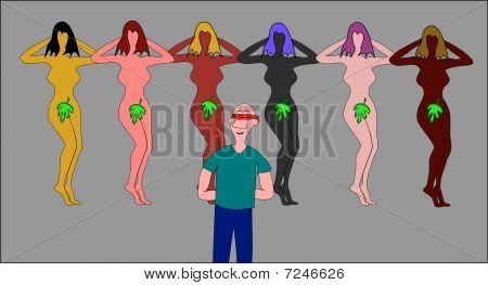 hombre con los ojos vendados y chicas guapas