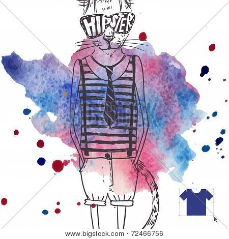 Hand Drawn Fashion Portrait Of Hipster Cat