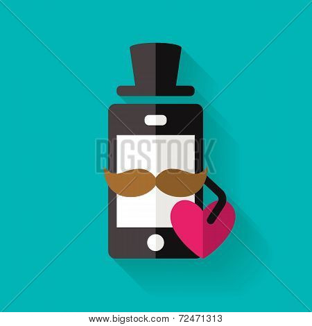 Hipster Mobile Phone Icon With Mustache And Heart, Vector Flat Style Illustration