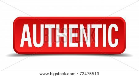 Authentic Red Three-dimensional Square Button Isolated On White Background