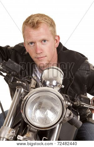 Man On Motorcycle Black Jacket Lean Forward Facing Close