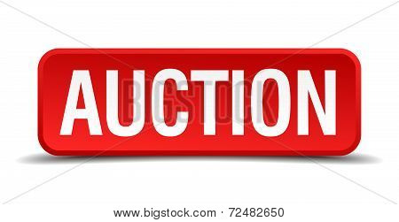 Auction Red Three-dimensional Square Button Isolated On White Background